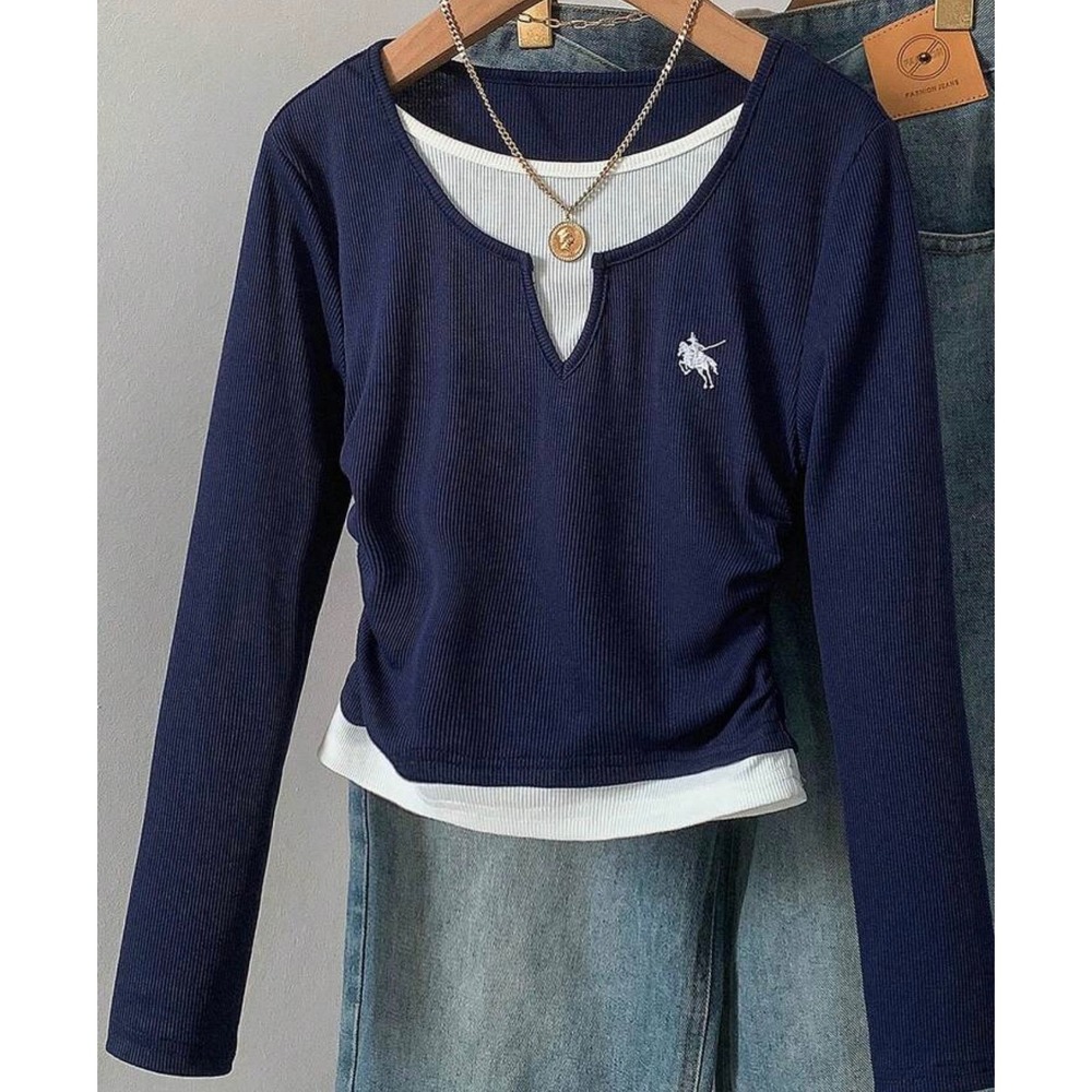 Girls Navy Blue Layered Ribbed Long Sleeve Top Equestrian Logo Split Neck
